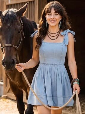 Tie-Shoulder Light Blue Mini Dress for Women XL